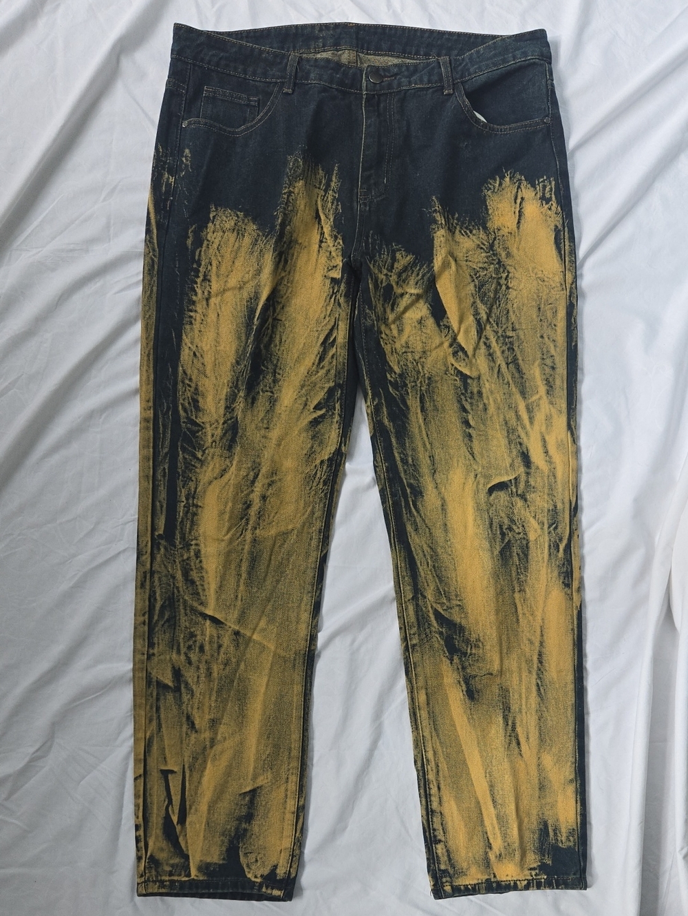 Men's Artsy Dark Blue Jeans Factory Dyed Light Orange/Gold Front & Back